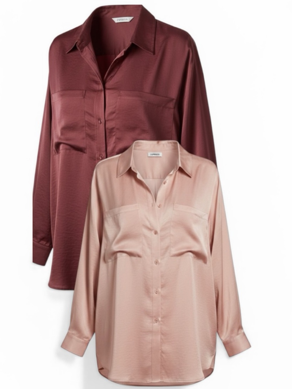 Express Satin Like Women's Button-Down Blouse in Dusty Pink and Deep Burgundy